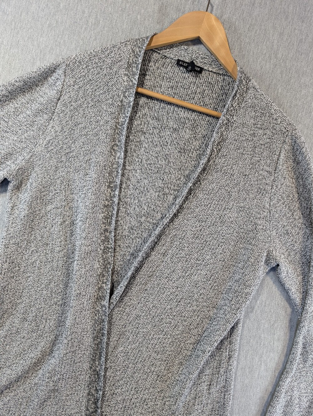 Eileen Fisher 100% Tencel Knit Open Cardigan Women's Large Grey White Mid-Length